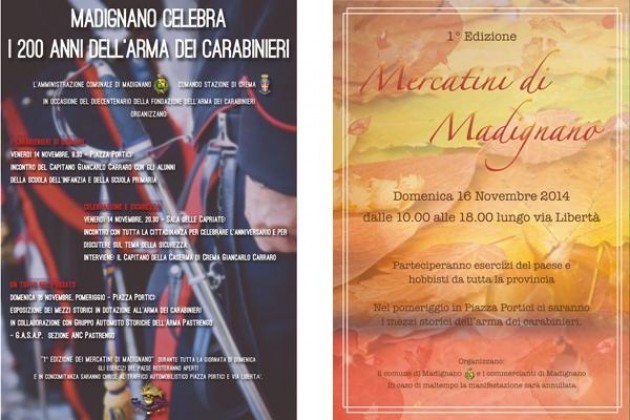 Eventi in Provincia di Cremona, a Madignano carabinieri e mercatini