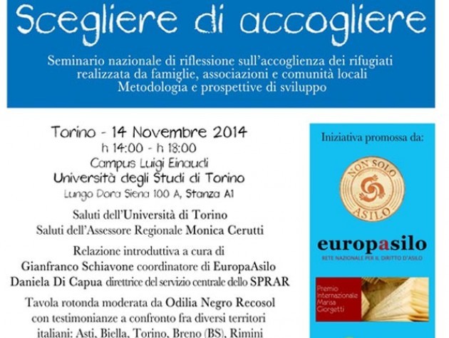 A Torino il 14 novembre seminario nazionale Scegliere di Accogliere