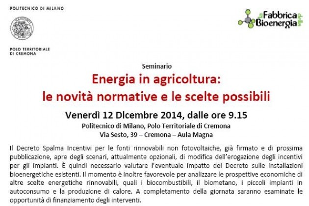‘Energia in agricoltura’ a Cremona, domani un seminario al Politecnico