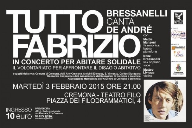 Bressanelli canta De André a Cremona, in concerto per Abitare Solidale