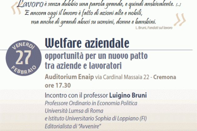 Domani a Cremona all’Auditorium Enaip si parla di welfare aziendale