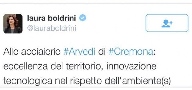 Toninelli (M5S) attacca la Presidente Boldrini per un tweet a favore delle Acciaierie Arvedi di Cremona