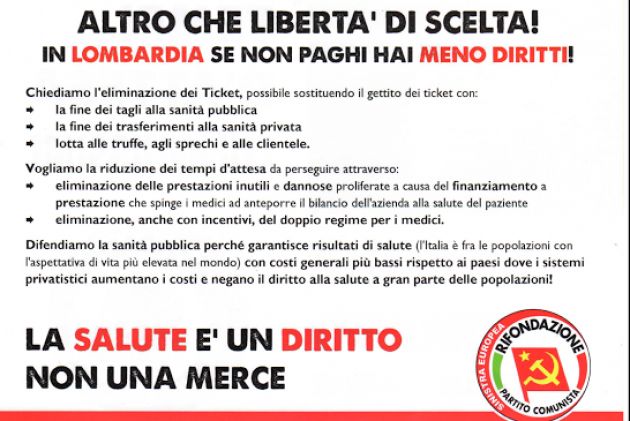 Sanità in Lombardia, Rifondazione Comunista Crema lancia la campagna regionale