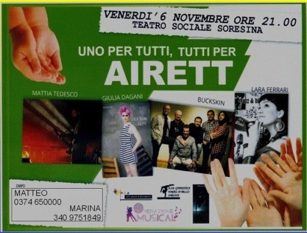 A Soresina la serata di beneficienza 'UNO PER TUTTI, TUTTI PER AIRETT'