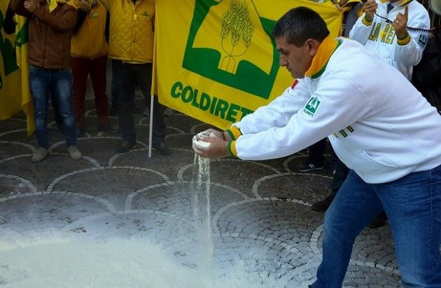 Latte  Allevatori della Coldiretti rovesciano polvere di latte davanti all’antitrust