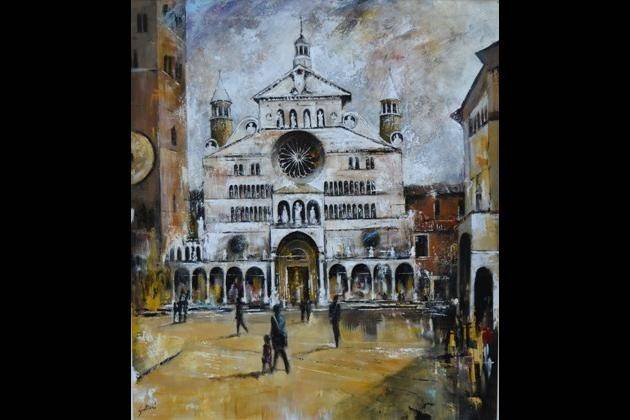 In regalo al vescovo Lafranconi un quadro raffigurante il Duomo di Cremona