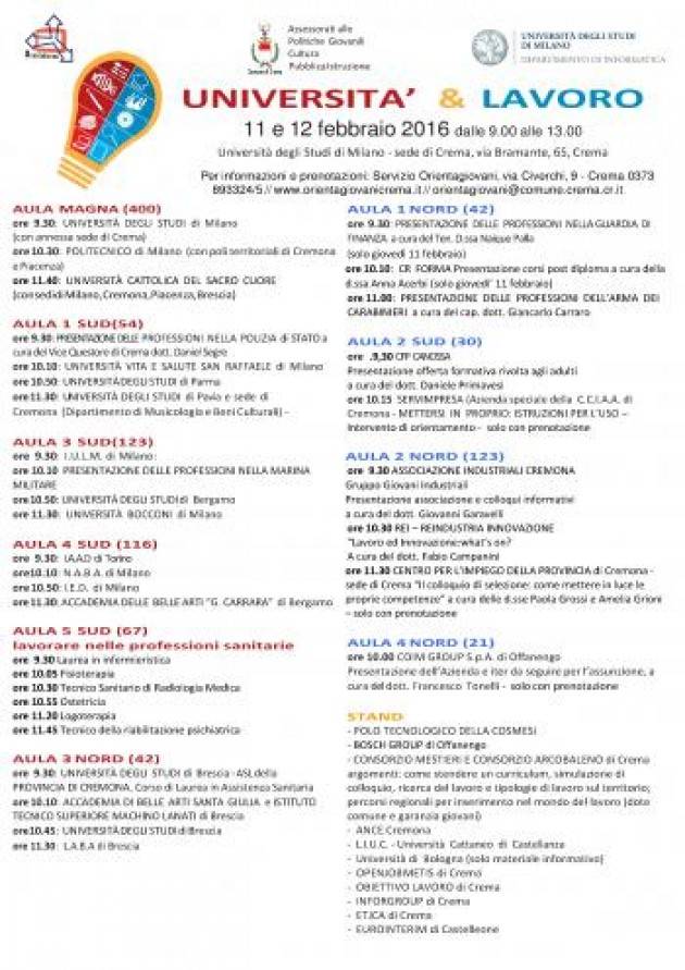 Crema Università & Lavoro: un appuntamento importante per aiutare i ragazzi nella scelta del proprio futuro