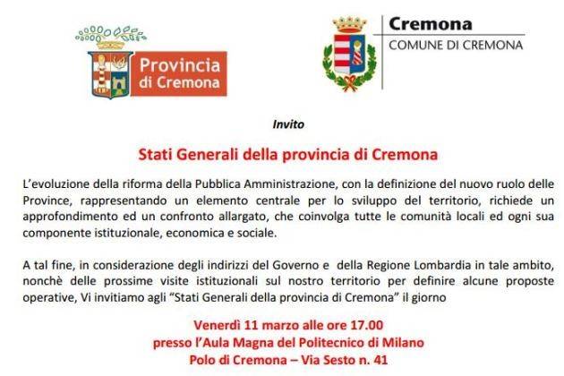 Stati Generali della Provincia di Cremona, venerdì incontro al Politecnico