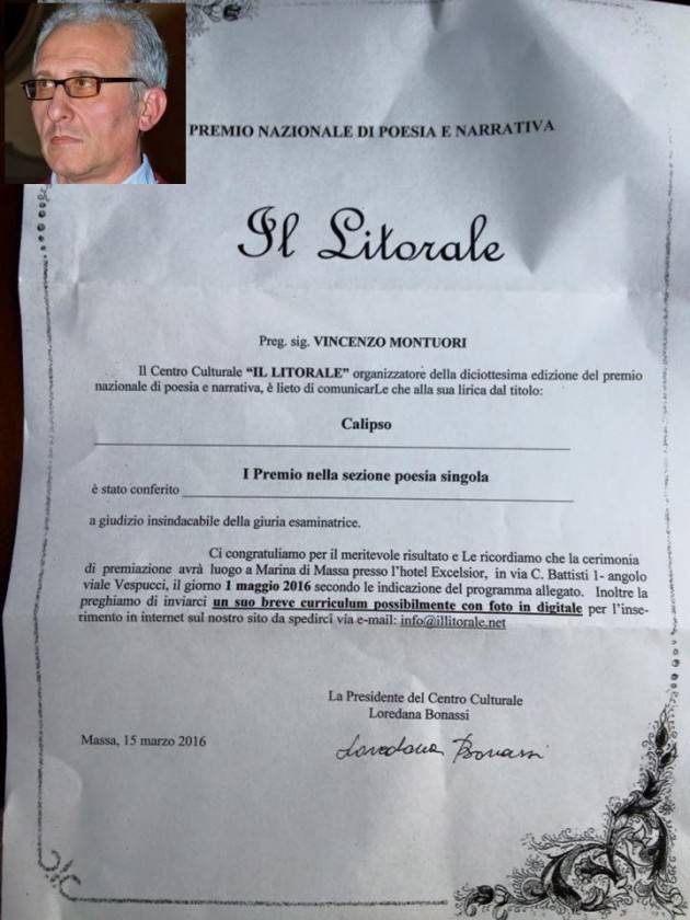 Cremona Vincenzo Montuori vince con la poesia ‘Calipso’ il primo premio del concorso ‘IL LITORALE’ di Massa
