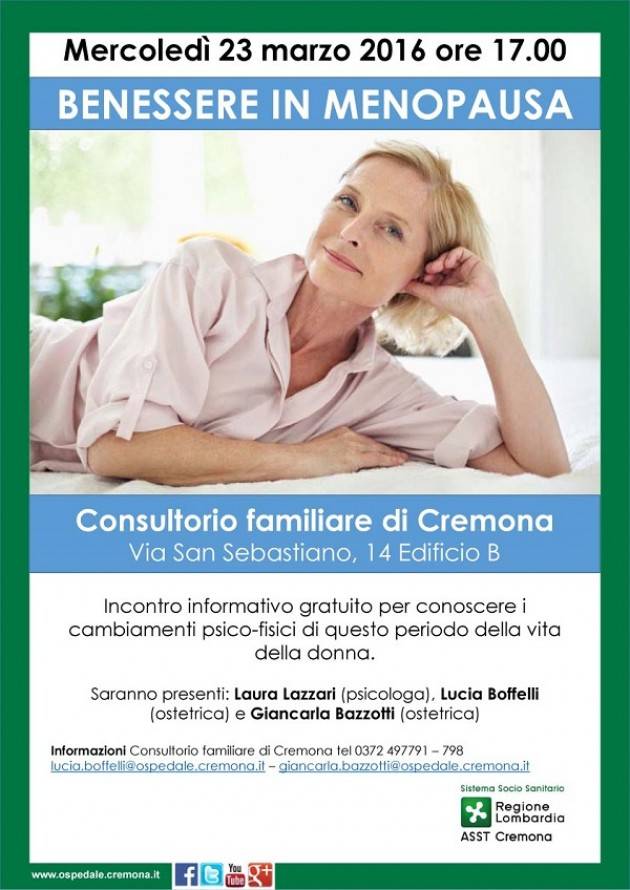 ASST Benessere in menopausa, incontro il 23 marzo a Cremona
