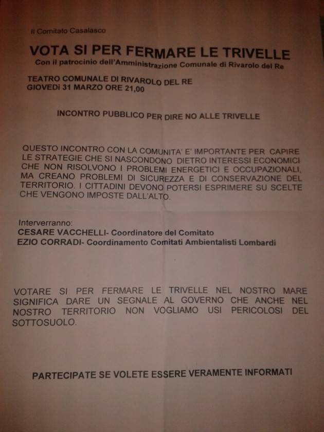 A Rivarolo del Re (Cremona) incontro VOTA SI per fermare le TRIVELLE
