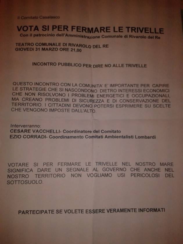 A Rivarolo del Re (Cremona) incontro VOTA SI per fermare le TRIVELLE