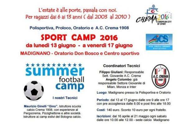 Madignano (Cremona), il 13 giugno torna Sport Camp con la Madignanese