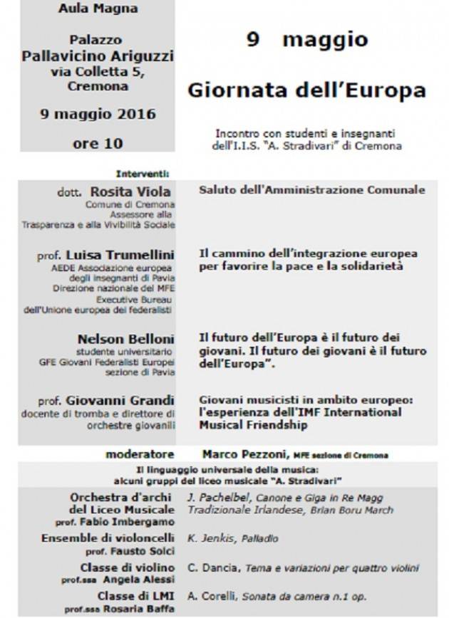 Giornata dell’Europa Incontro con studenti e insegnanti dell'I.I.S. “A. Stradivari” di Cremona