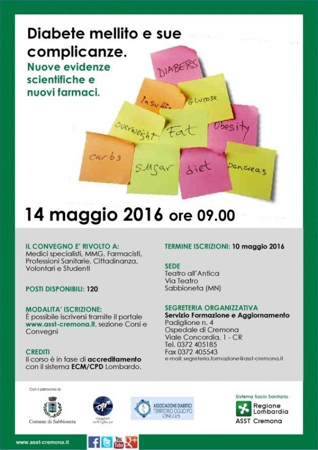 ASST Sabato 14 maggio, Teatro all'antica di Sabbioneta. Convegno Diabete mellito e sue complicanze