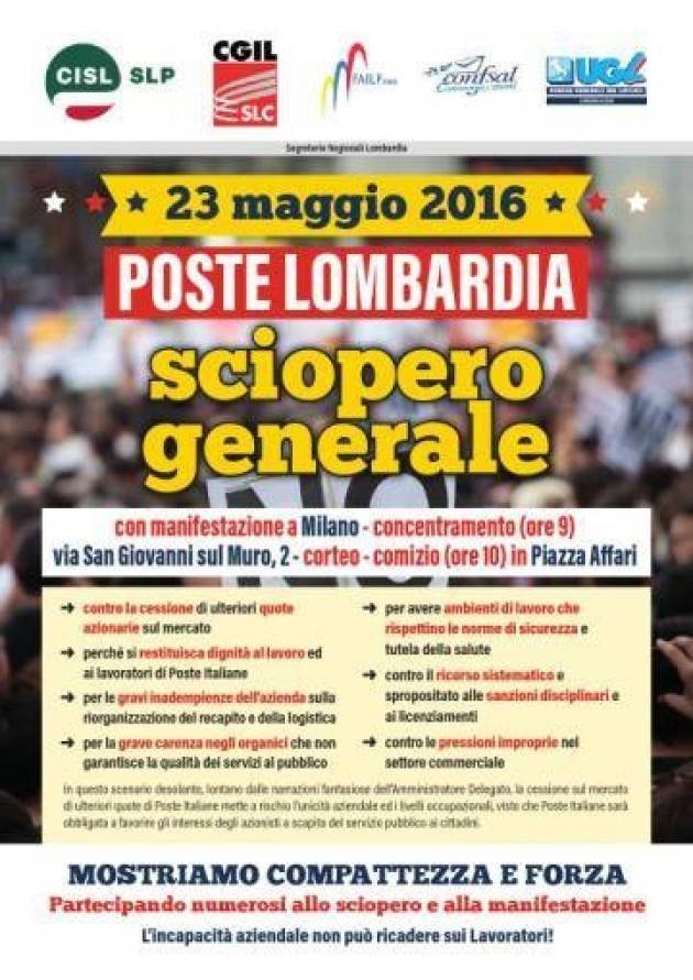 La vertenza Poste, 23 maggio sciopero generale in Lombardia