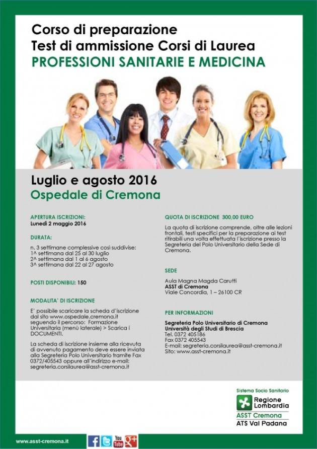 ASST Cremona Corso di preparazione ai test ammissione per corsi laurea professioni sanitarie