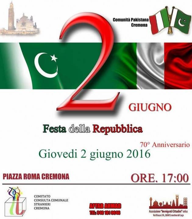 2 giugno La Comunità Pakistana e l'Associazione  Cittadini Immigrati di Cremona festeggiano la Festa della Repubblica Italiana