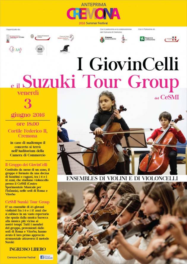 Il Gruppo dei GiovinCelli e del Suzuki Tour Group a Cremona in concerto il 3 giugno