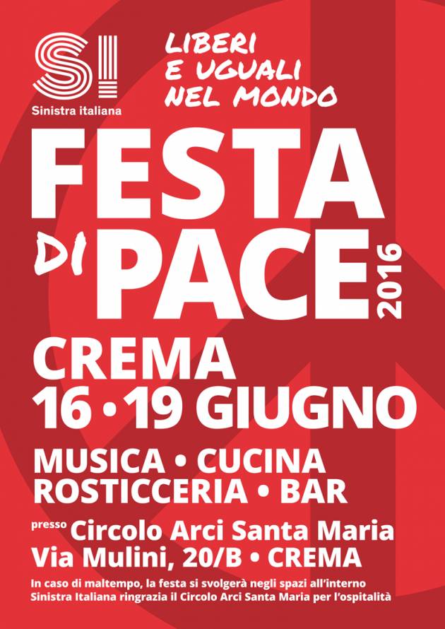 Da giovedì a domenica, a Crema, la Festa di Pace di Sinistra Italiana