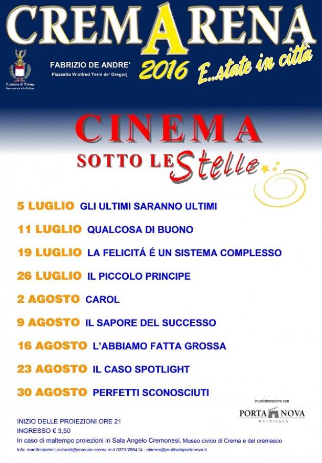 Crema Inizia il Cinema Sotto le stelle martedì 5 luglio