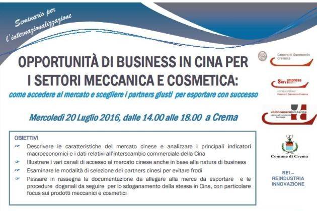 Crema, seminario su opportunità di business in Cina nella meccanica e cosmetica