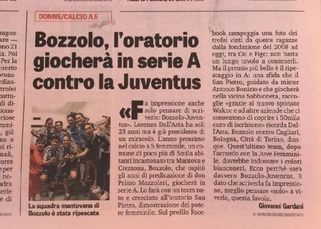 Bozzolo La squadra femminile di calcio giocherà in serie A con la Juventus