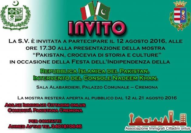 A Cremona inaugurazione mostra ‘Pakistan, crocevia di storia e culture’ il 12 agosto