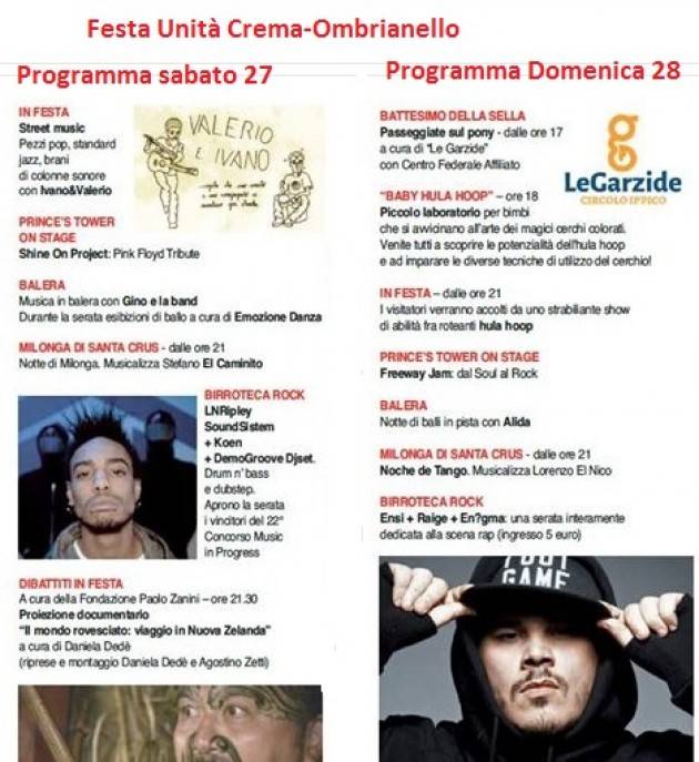 Festa Unità Crema il programma di sabato 27 e domenica 28 agosto