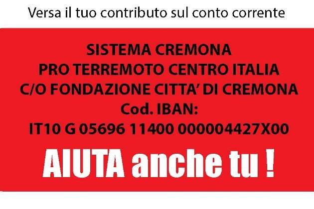 Cremona, Sistema Cremona pro terremotati: disponibili le coordinate bancarie