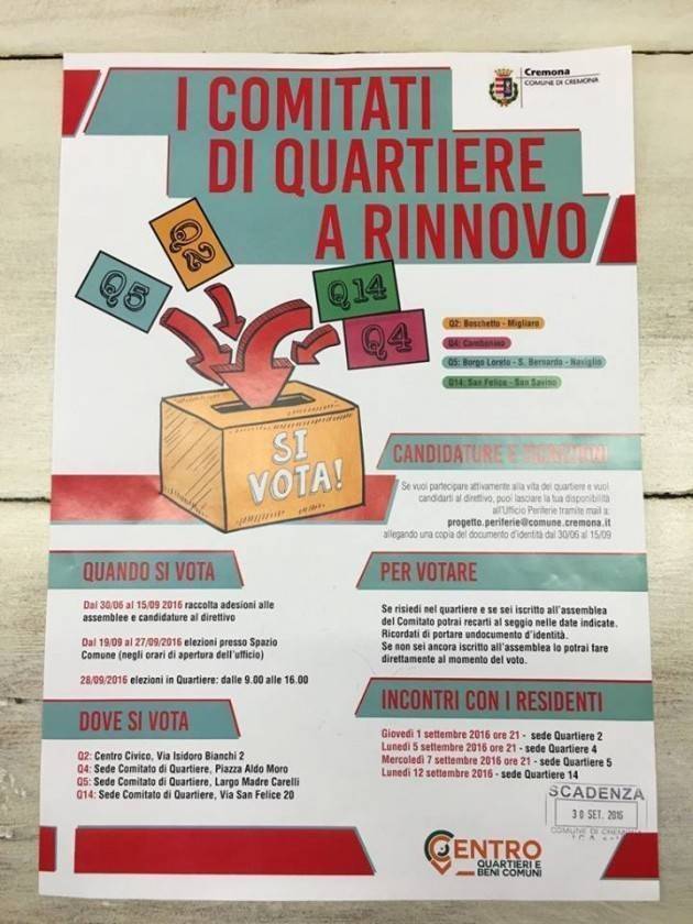 Cremona Rinnovo direttivi Comitati di Quartiere, lo scrutinio si terrà il 29 anziché il 30 settembre