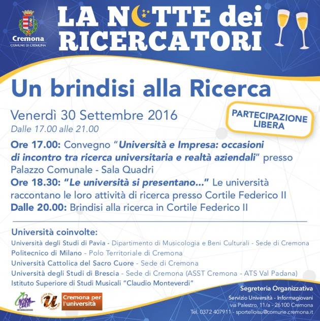 Anche a Cremona iniziative il 30 settembre per la  Notte dei Ricercatori