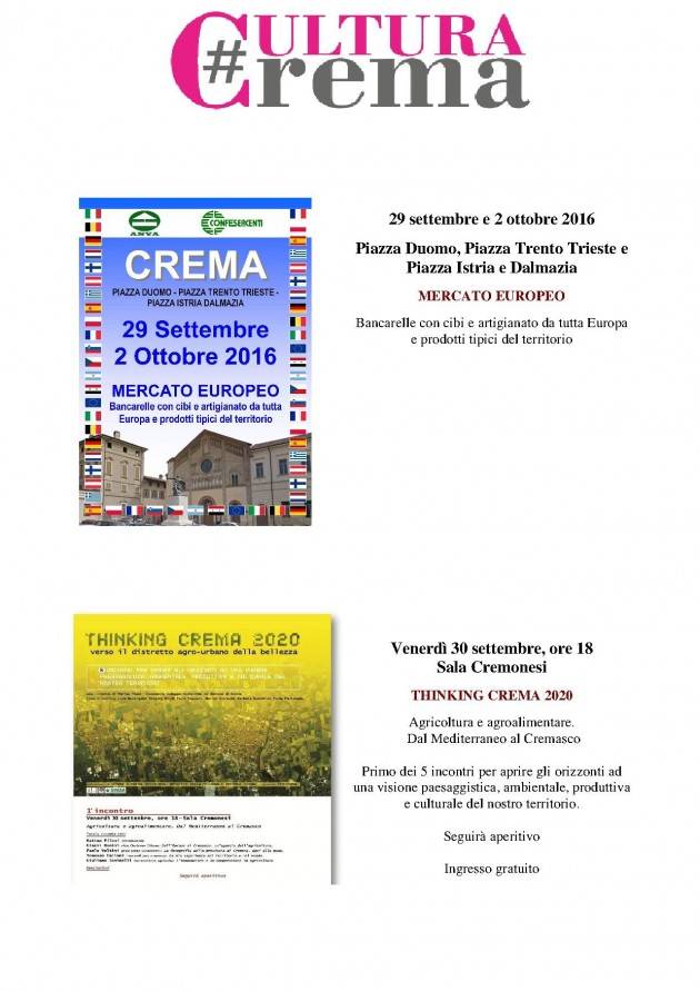  Il programma Cultura Crema dal 29 settembre al 6 ottobre 2016