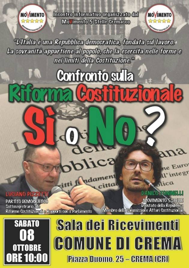 M5S Cremasco: Confronto sulla Riforma Costituzionale fra Toninelli e Pizzetti