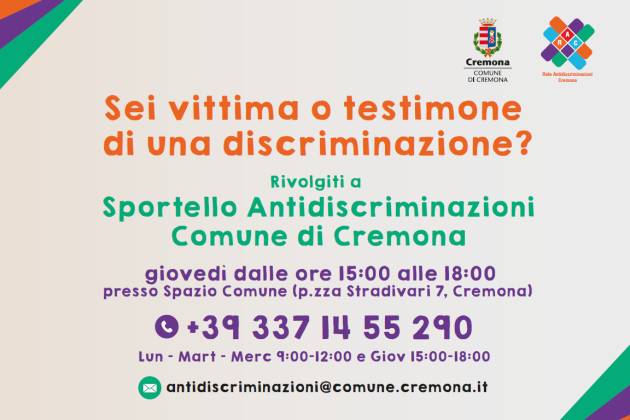 Cremona, apre domani a SpazioComune lo Sportello Antidiscriminazioni