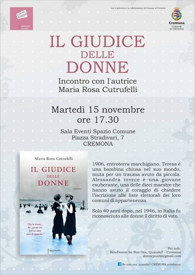 Libro Cremona ‘Il giudice della donne’ di Maria Rosa Cutrufelli sarà presentato il 15 novembre