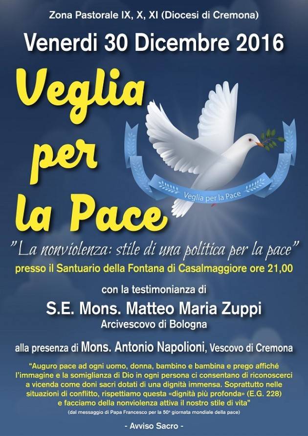 Veglia di Pace stasera(Venerdì 30) a Casalmaggiore con mons. Antonio Napolioni.
