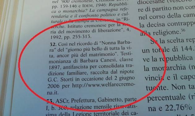Il  racconto di Nonna Barbara sul 2 giugno 1946 nel libro ‘900 della storia di Cremona di Gian Carlo Storti