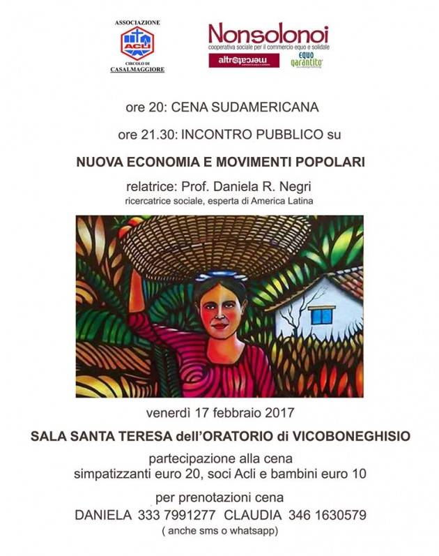 A Vicoboneghisio Cena sudamericana con incontro su 'Movimenti popolari e Nuova Economia'