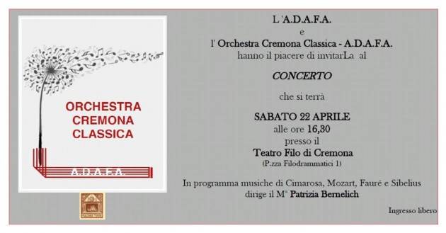 A.D.A.F.A invita al concerto  di sabato 22 aprile al Filo di Cremona