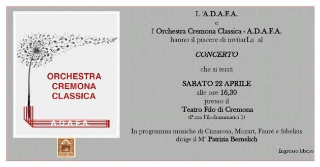 A.D.A.F.A invita al concerto di sabato 22 aprile al Filo di Cremona