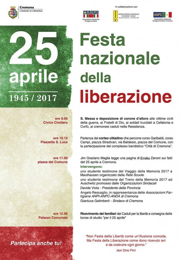 Cremona Programma del 25 aprile 2017, 72° anniversario della Liberazione