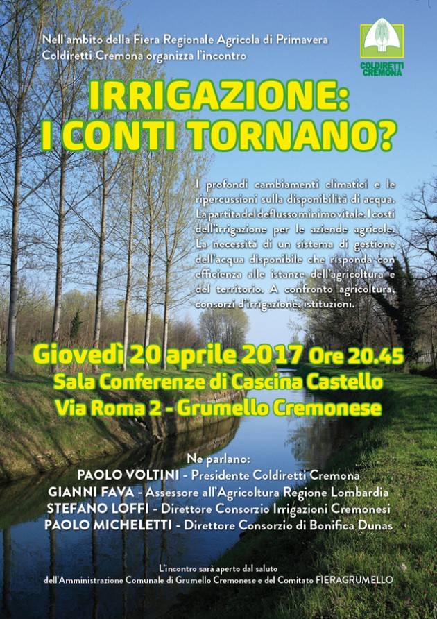Coldiretti Cremona ‘Irrigazione: i conti tornano?’ Stasera 20 aprile  incontro a Grumello