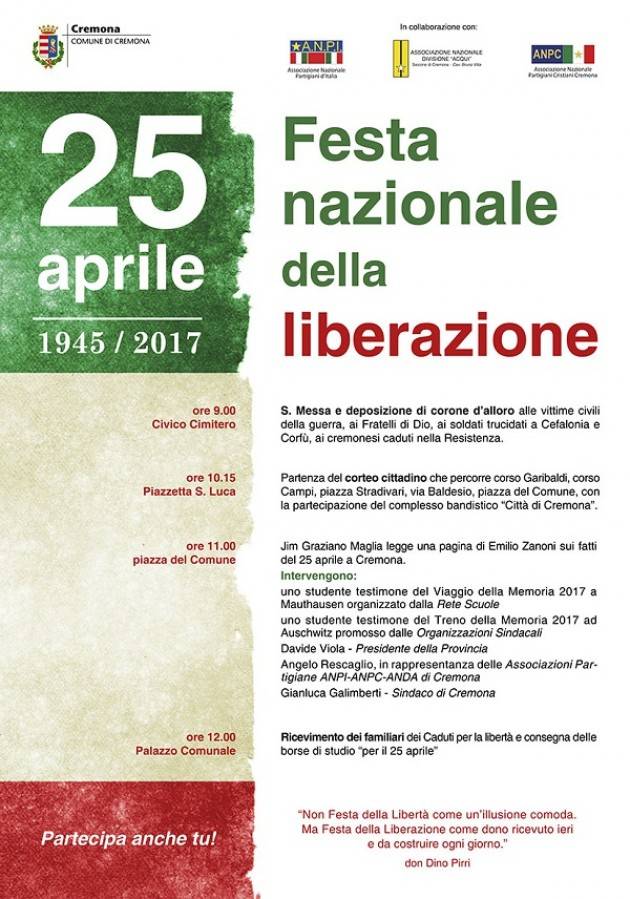 Cremona Programma definitivo del 25 aprile 2017, 72° anniversario della Liberazione