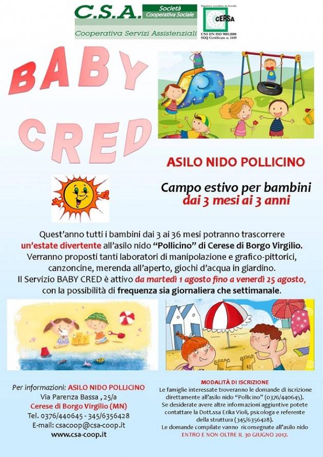 Mantova Arriva il BabyCred:  campi estivi al nido per i piccolissimi 3-36 mesi