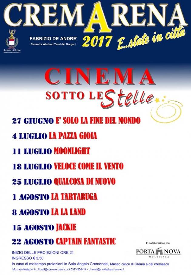 A CremArena torna il ‘Cinema sotto le stelle’, i titoli dell’edizione 2017