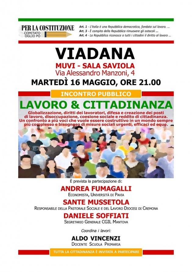 LAVORO & CITTADINANZA. Incontro a Viadana  Martedì 16 maggio, ore 21.00