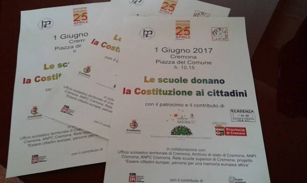 (Video) Il 1° giugno mille studenti in piazza a Cremona doneranno alla cittadinanza ' Il sentiero della Costituzione '