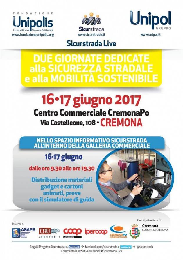 Sicurstrada al Centro Commerciale Cremona Po venerdì 16 e sabato 17 giugno 