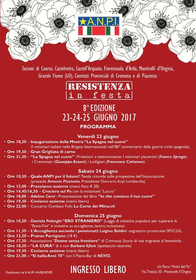 Evento del 25 giugno Monticelli d’Ongina L’Anpi organizza ‘ L’ 8° edizione  Resistenza in Festa 2017’